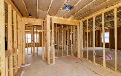 Construction home interior inside a framing on residential beam framework wooden new house